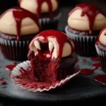 Vampire bite Halloween cupcakes with creamy ivory frosting and dripping red filling on a dark plate