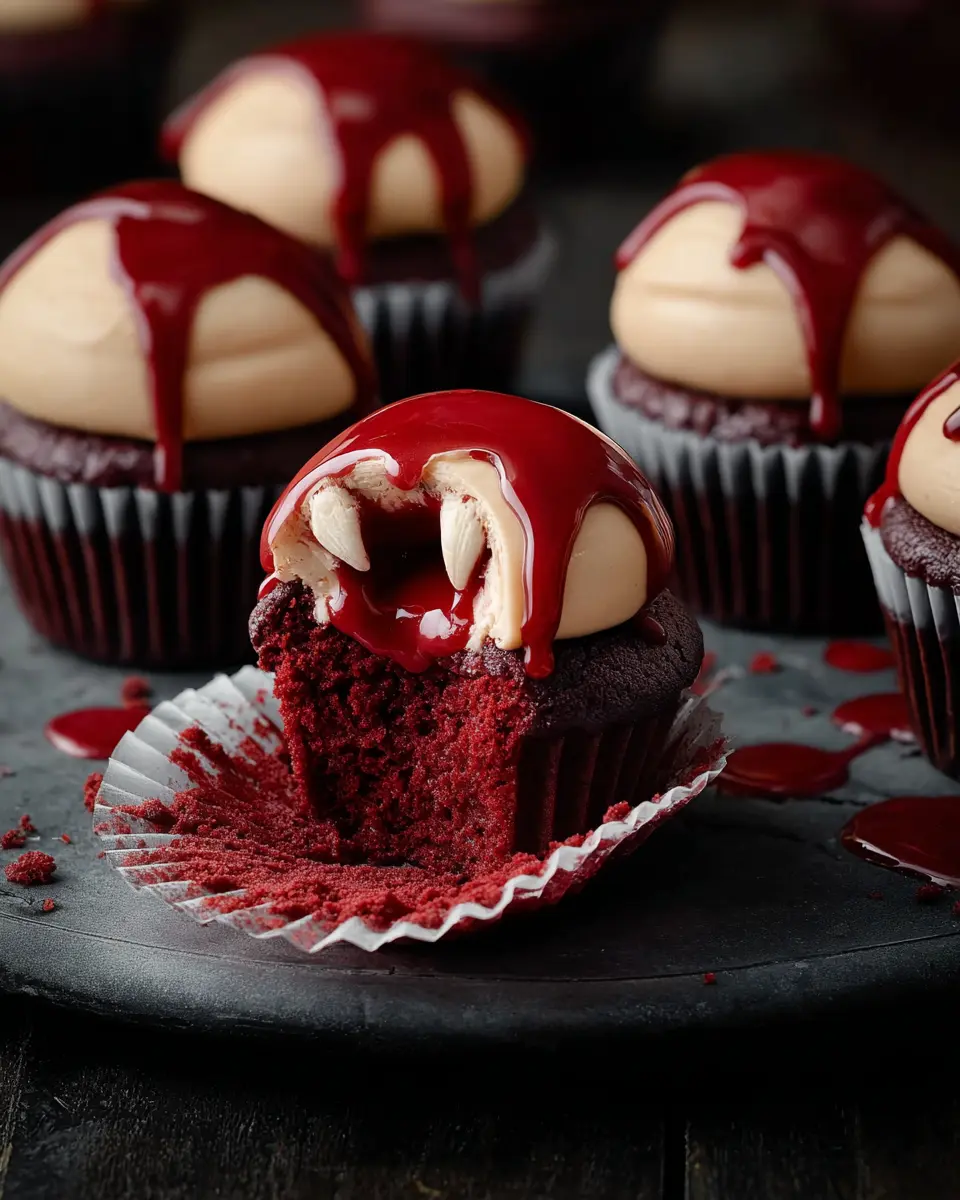 Vampire bite Halloween cupcakes with creamy ivory frosting and dripping red filling on a dark plate