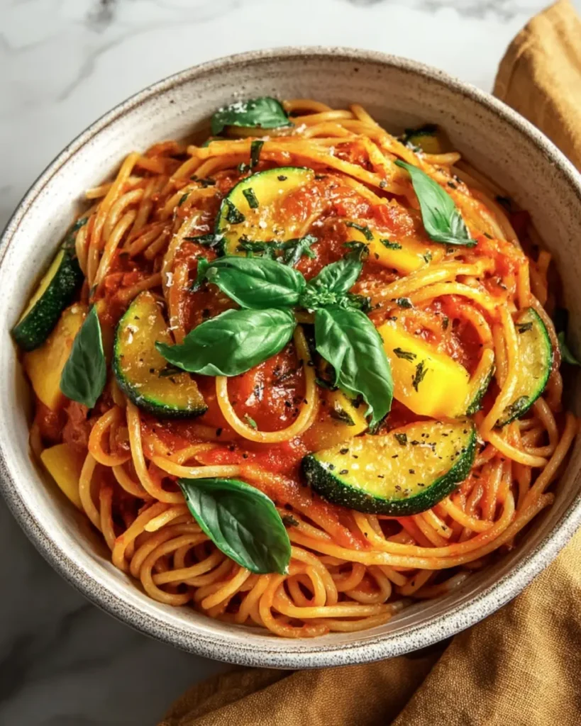 Rustic bowl of spaghetti with tomato sauce, zucchini, yellow peppers, and fresh basil on a wooden table.