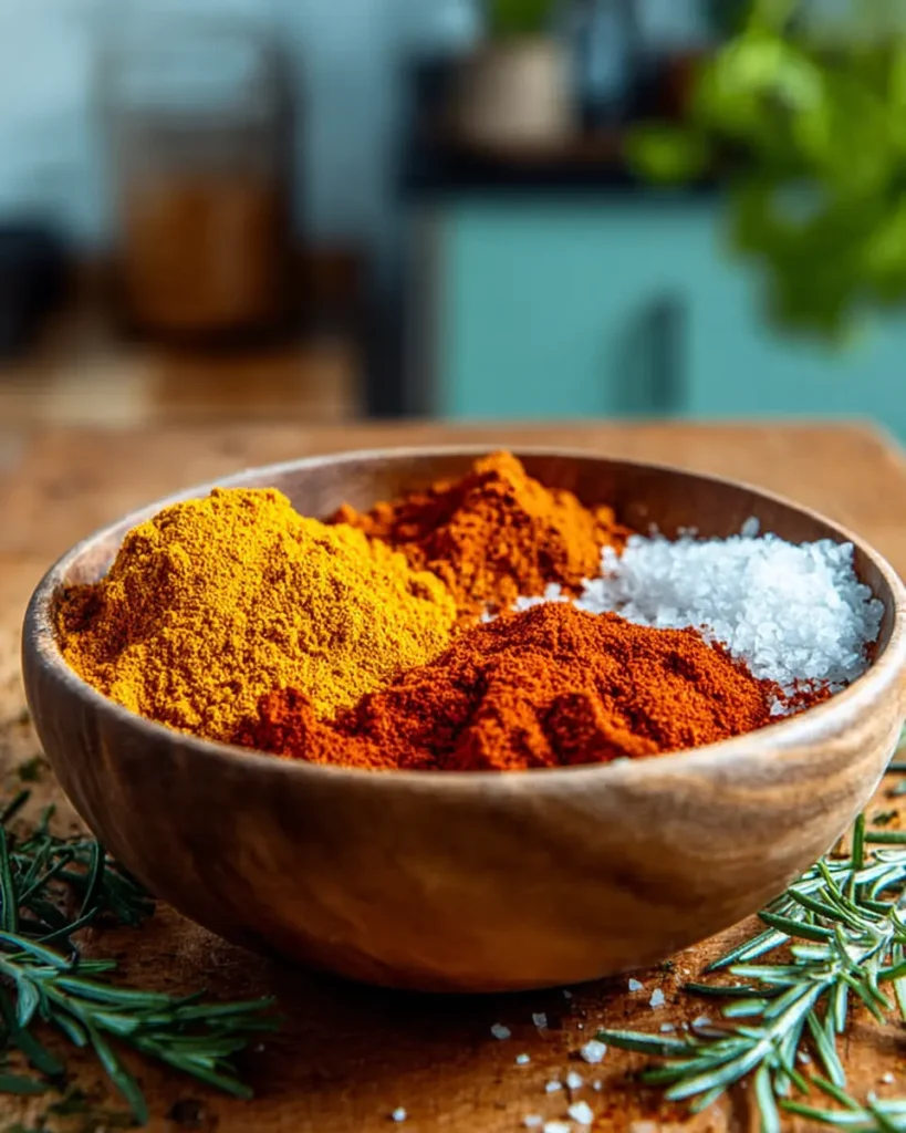 Close-up of wooden bowl with turmeric, paprika, chili powder, coarse salt, and fresh rosemary on rustic table.