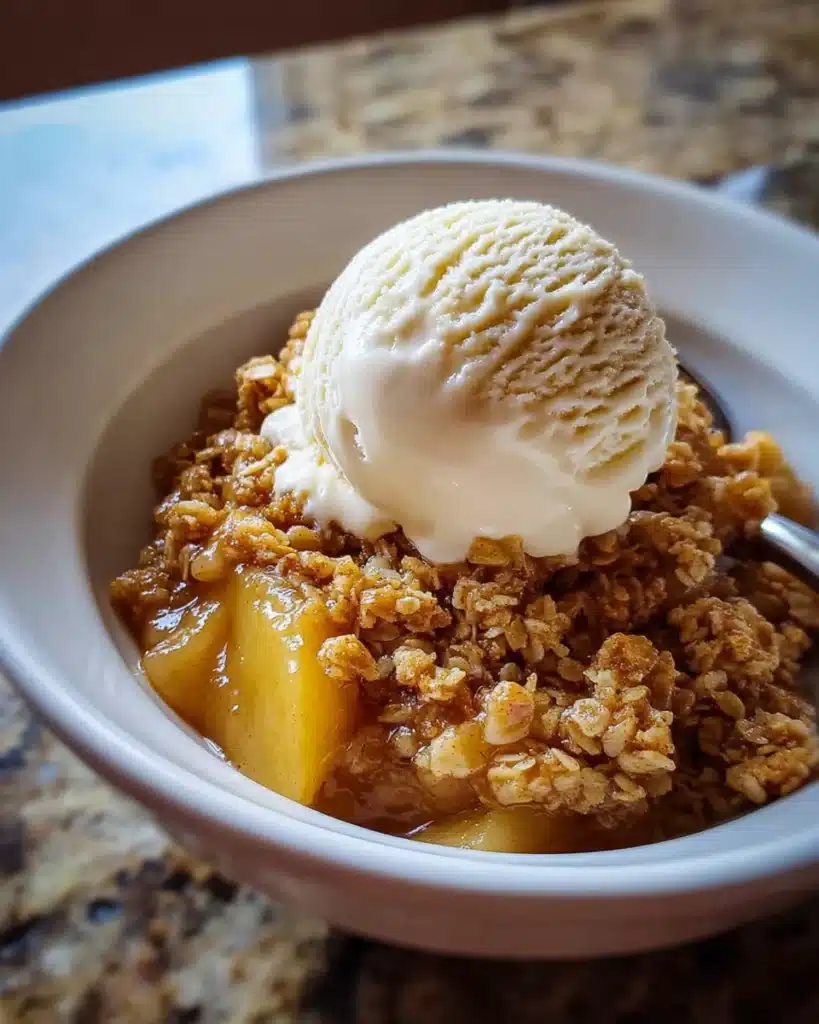 Classic Apple Crisp Recipe for Cozy Comfort 10 Classic apple crisp served warm with a scoop of vanilla ice cream in a white bowl.