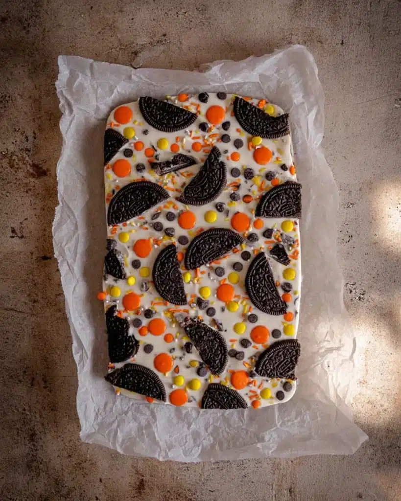 Full tray of white chocolate Halloween Oreo bark topped with Oreos, candy eyeballs, and festive sprinkles on parchment paper.