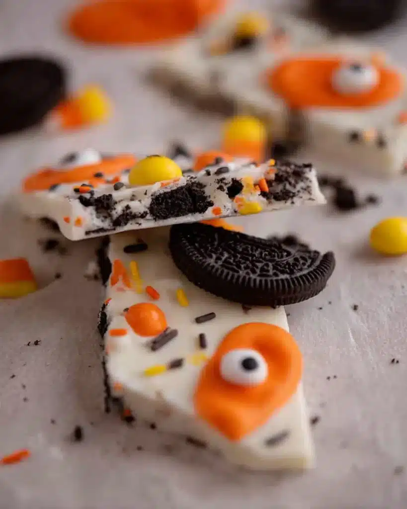 White chocolate Halloween Oreo bark topped with Oreos, candy eyeballs, and festive sprinkles on a rustic surface.