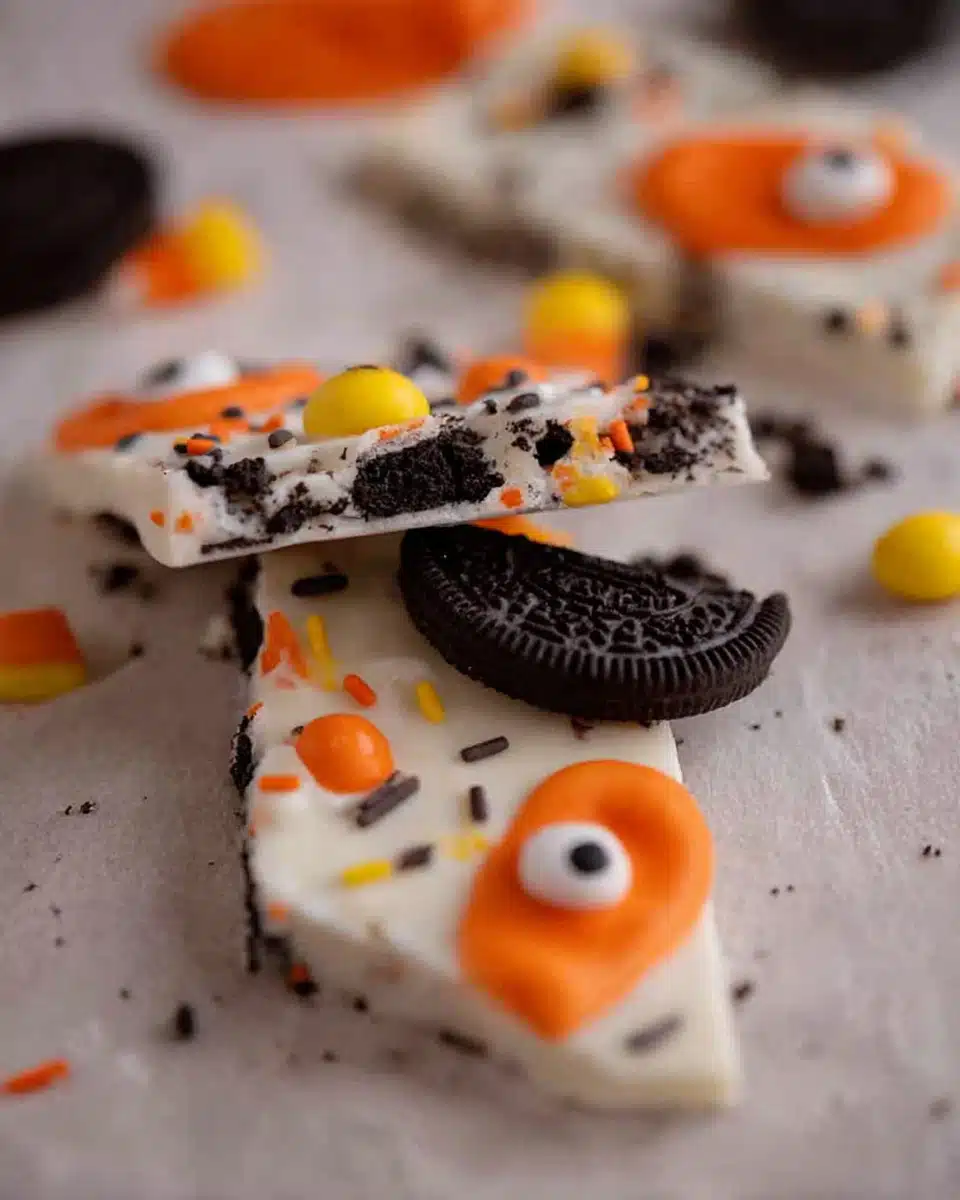 White Chocolate Halloween Oreo Bark – Easy No-Bake Treat 4 White chocolate Halloween Oreo bark topped with Oreos, candy eyeballs, and festive sprinkles on a rustic surface.