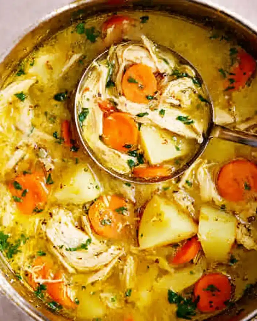 Ladle lifting homemade chicken stew with potatoes and carrots from a rustic pot