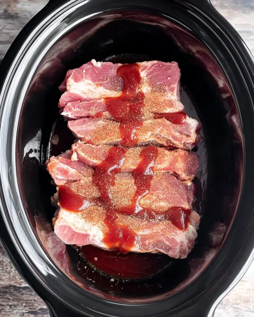 Slow Cooker Country Style Ribs – Tender & Flavorful Comfort Food 12 Raw country style ribs in a slow cooker with dry rub and BBQ sauce