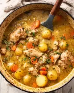Hearty slow cooker chicken stew with potatoes and carrots in a rustic enameled pot