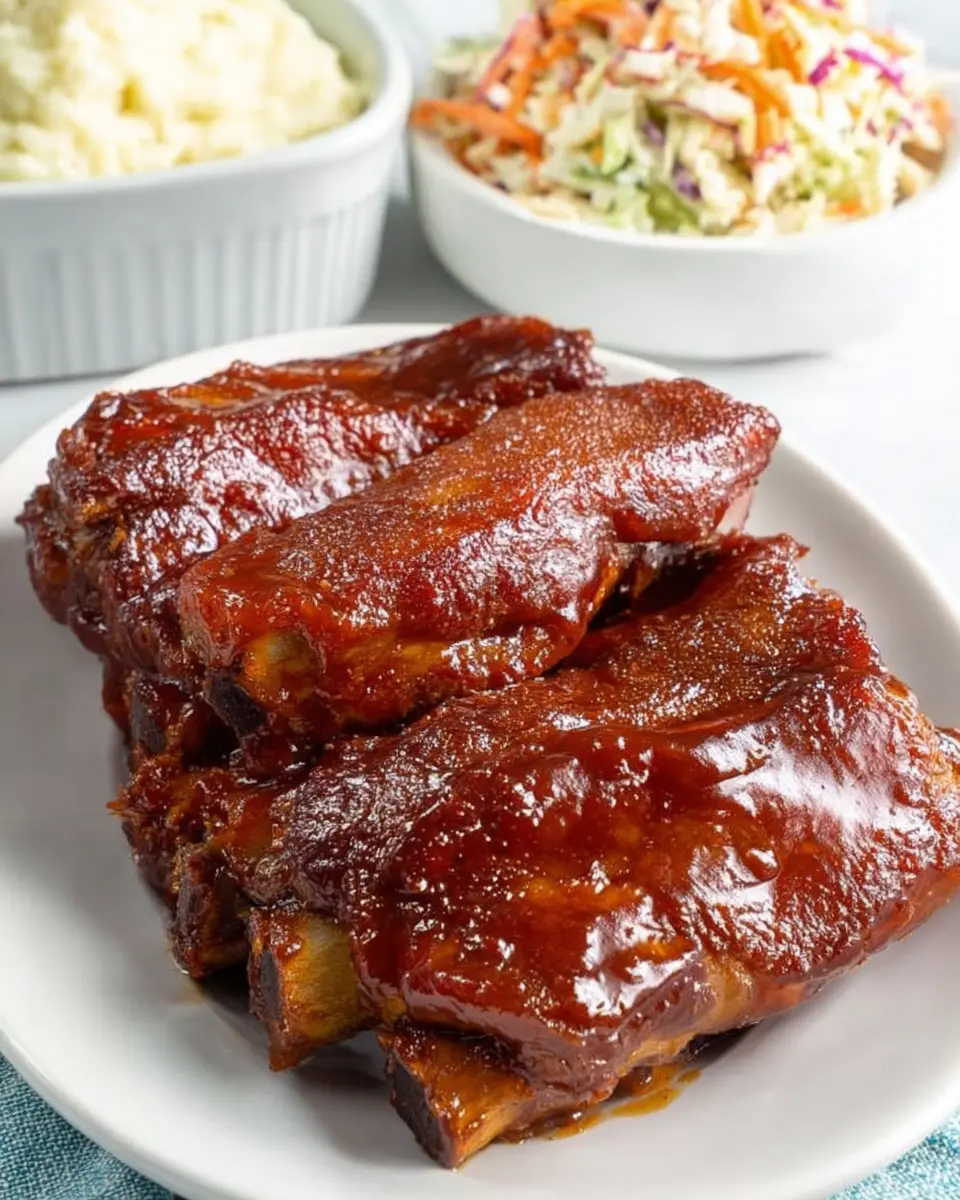 Slow cooker country style ribs glazed in BBQ sauce with mashed potatoes and coleslaw on the side
