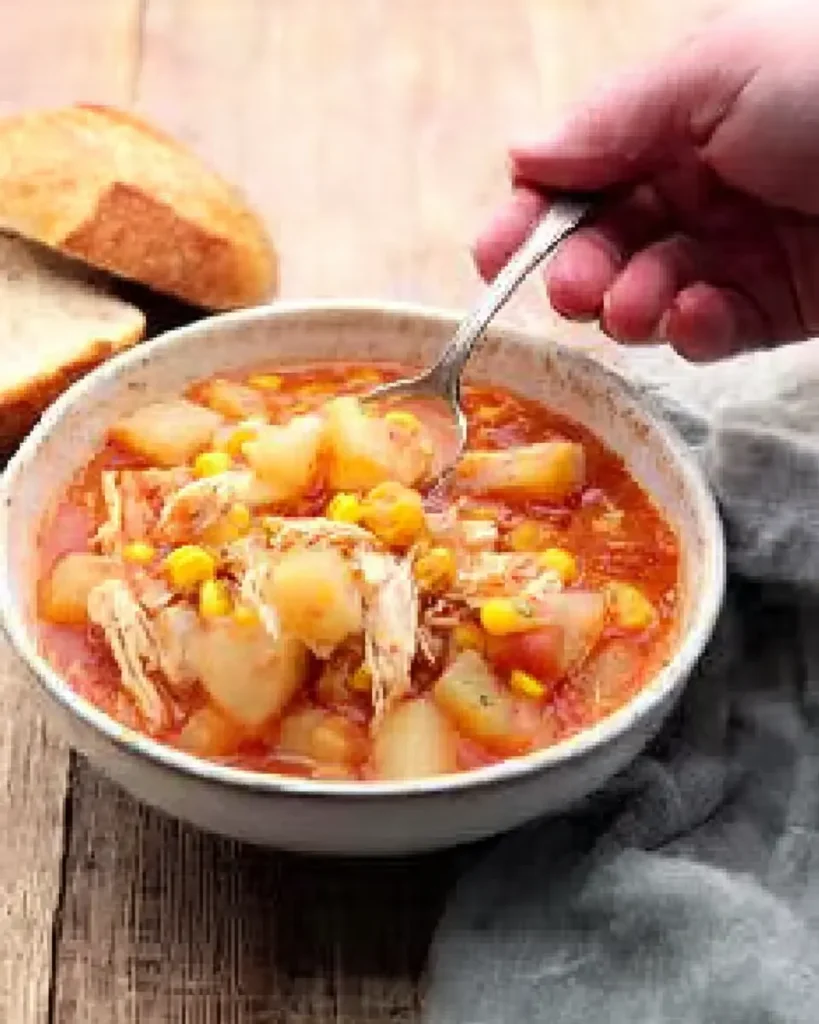 Tomato chicken stew with potatoes and corn served in a white bowl with spoon and bread