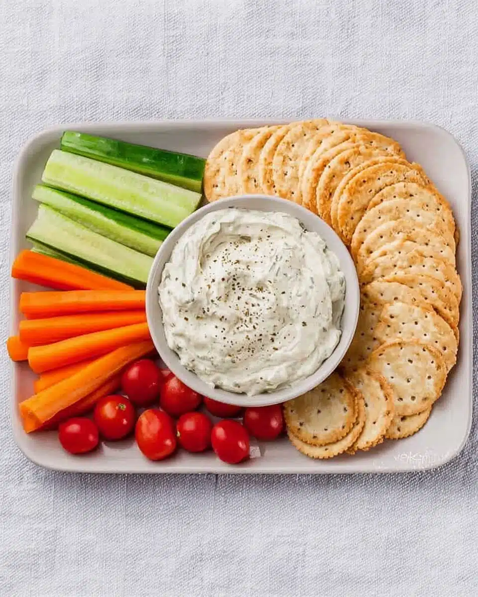 Cheese dip with crackers, cucumbers, carrots, and cherry tomatoes appetizer platter