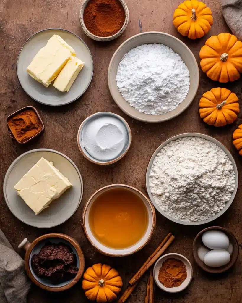 Chocolate Pumpkin Cupcakes – Festive Fall Treats 13 Chocolate pumpkin cupcake ingredients flat lay with pumpkins and spices