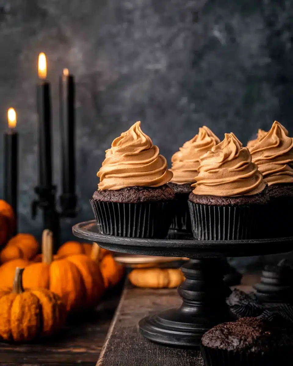 Chocolate pumpkin cupcakes with spiced frosting and fall candles