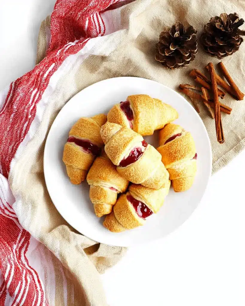 Cranberry Cream Cheese Crescent Bites – Festive and Easy Recipe 12 Cranberry cream cheese crescent bites on a white plate with holiday accents