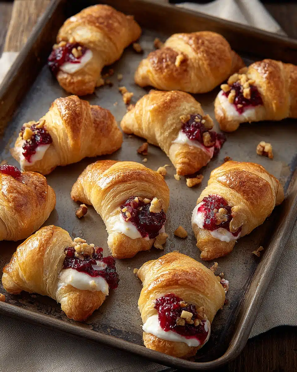 Golden cranberry cream cheese crescent bites with pecans on a rustic baking tray