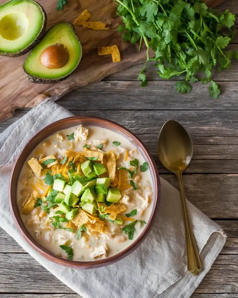 Creamy Crockpot White Chicken Chili Recipe : Easy Slow Cooker Comfort Food 9 Creamy crockpot white chicken chili topped with avocado, cheese, cilantro, and tortilla strips