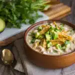 Creamy Crockpot White Chicken Chili Recipe : Easy Slow Cooker Comfort Food 11 Creamy white chicken chili in a bowl with avocado, cheese, tortilla strips, and cilantro
