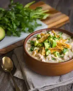 Creamy white chicken chili in a bowl with avocado, cheese, tortilla strips, and cilantro