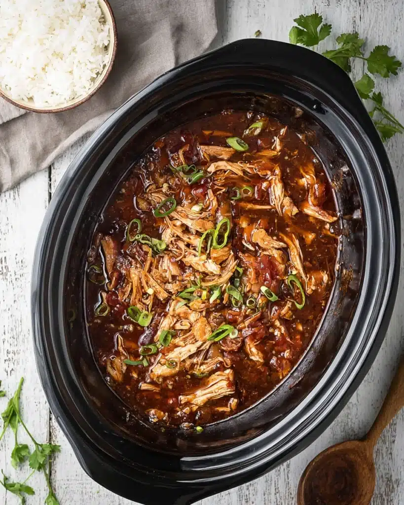 Crock pot bourbon chicken in glossy sauce with green onions and rice