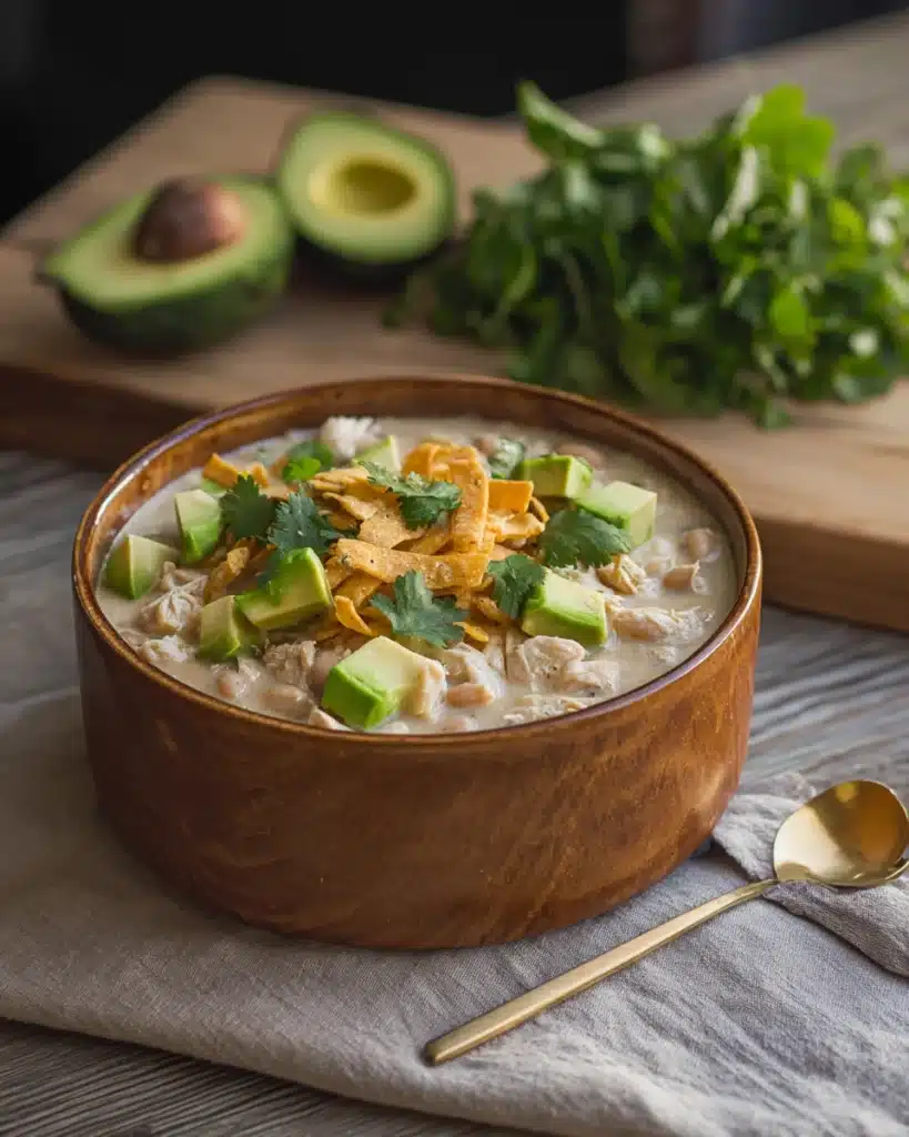 Creamy Crockpot White Chicken Chili Recipe : Easy Slow Cooker Comfort Food 10 Creamy crockpot white chicken chili topped with avocado, tortilla strips, cheese, and cilantro
