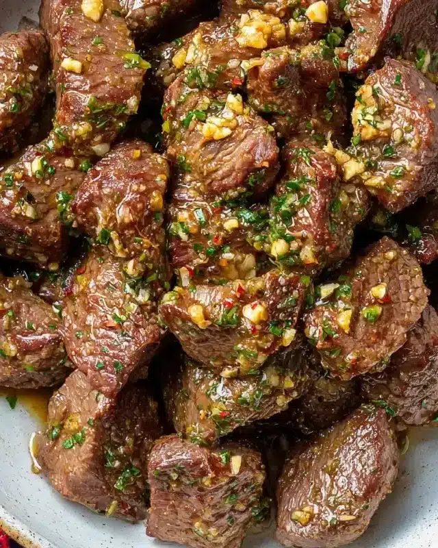 Air Fryer Garlic Butter Steak Bites That Are Bold and Juicy 10 Garlic butter steak bites served in a rustic ceramic bowl over a colorful cloth
