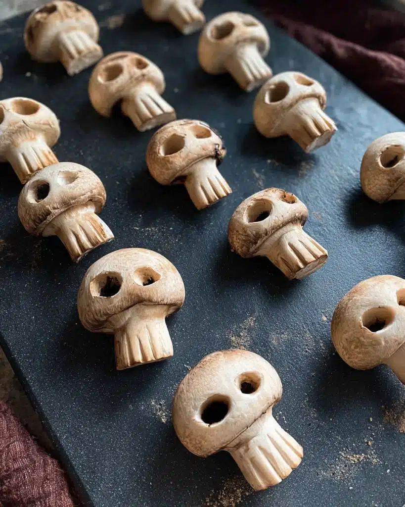Delicious Halloween Pasta Salad with Spooky Mushroom Skulls 12 Carved mushroom skulls for Halloween pasta salad on a black cutting board