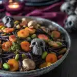 Delicious Halloween Pasta Salad with Spooky Mushroom Skulls 14 Halloween pasta salad with mushroom skulls, carrots, and black pasta in a spooky setting
