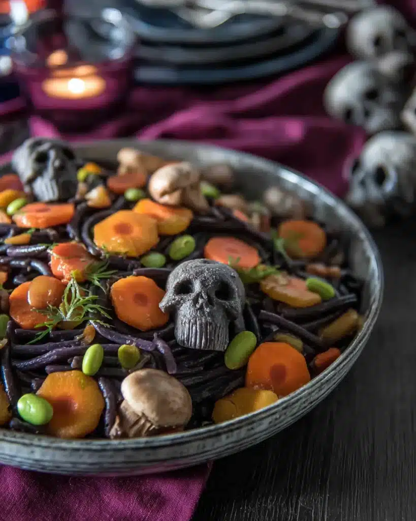 Delicious Halloween Pasta Salad with Spooky Mushroom Skulls 10 Halloween pasta salad with mushroom skulls, carrots, and black pasta in a spooky setting