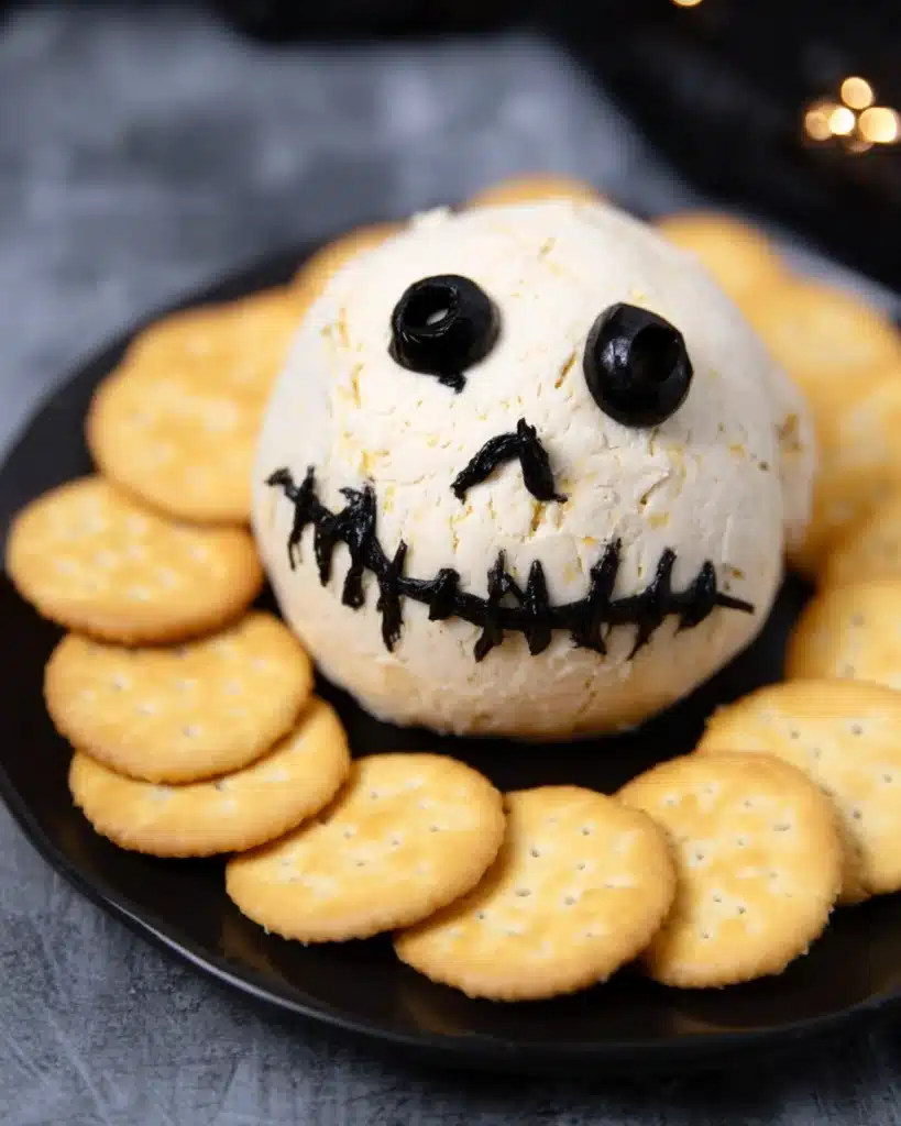Skellington Cheese Ball Recipe | A Spooky Halloween Appetizer 13 Skellington cheese ball decorated with olives and served with crackers on a plate