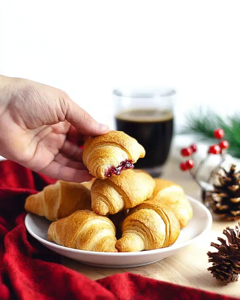 Cranberry Cream Cheese Crescent Bites – Festive and Easy Recipe 13 Hand holding cranberry cream cheese crescent bite from holiday plate