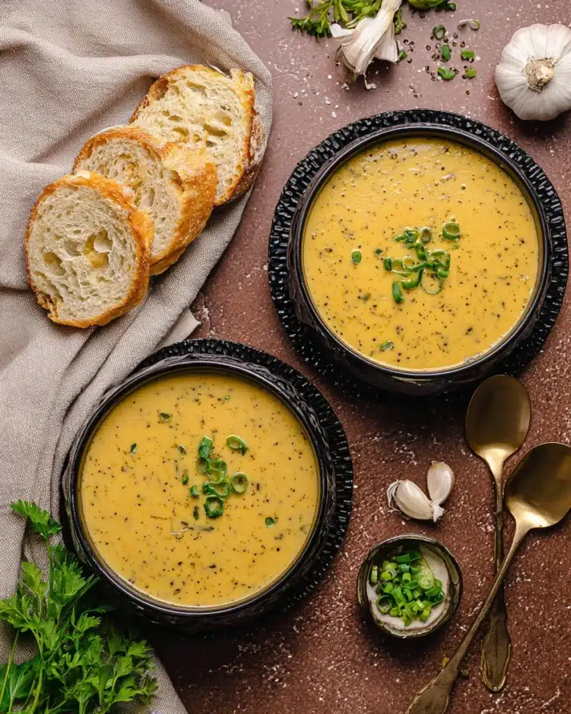Hearty Cheddar Garlic Herb Potato Soup – Cozy and Flavorful 8 Creamy cheddar garlic herb potato soup in bowls with bread and green onion garnish