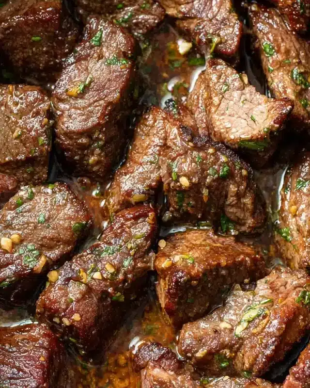 Air Fryer Garlic Butter Steak Bites That Are Bold and Juicy 9 Close-up of juicy air fryer garlic butter steak bites with crispy edges and melted butter