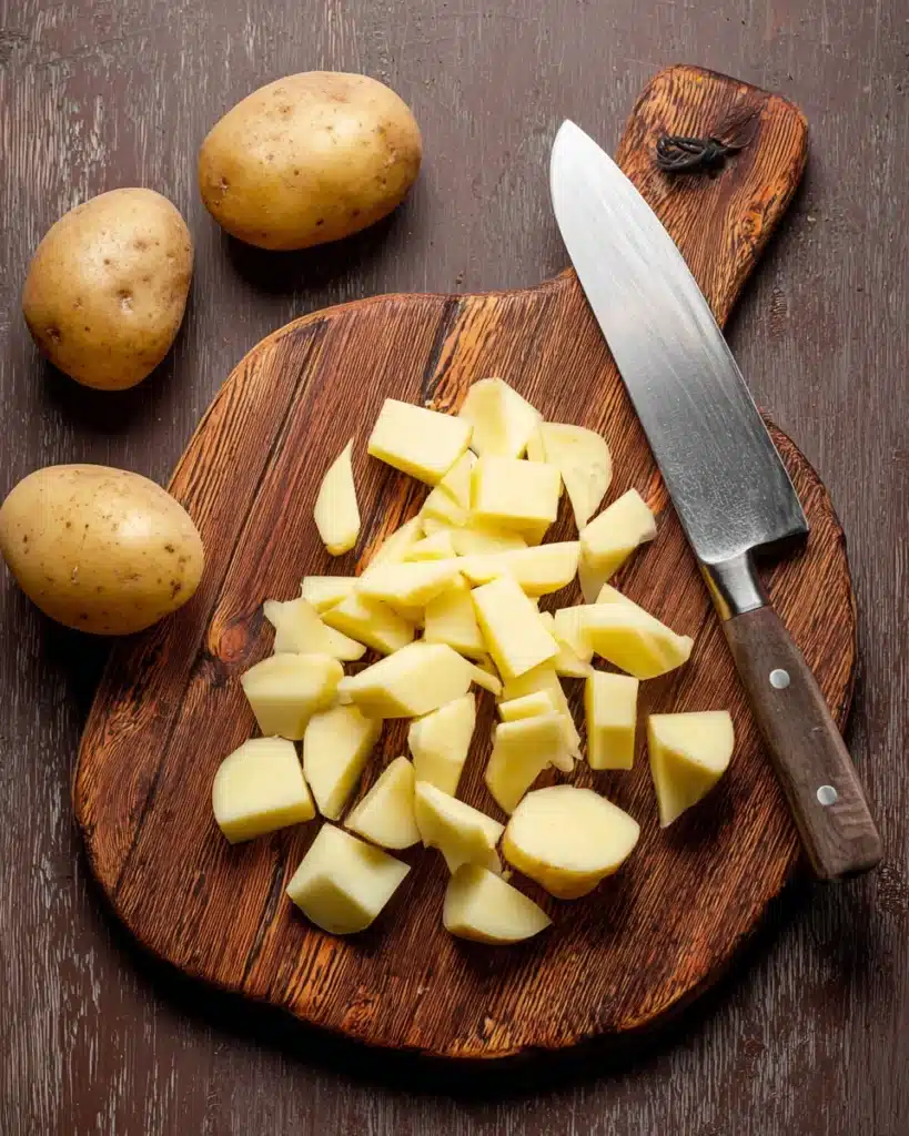Hearty Cheddar Garlic Herb Potato Soup – Cozy and Flavorful 9 Cubed Yukon Gold potatoes on a cutting board with knife for soup prep