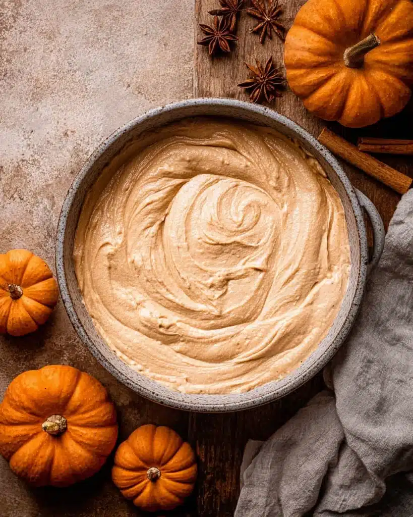 Chocolate Pumpkin Cupcakes – Festive Fall Treats 15 Pumpkin cream cheese frosting swirled in a rustic mixing bowl