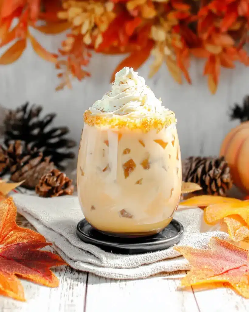 Pumpkin Spice White Russian with whipped cream and golden sugar rim