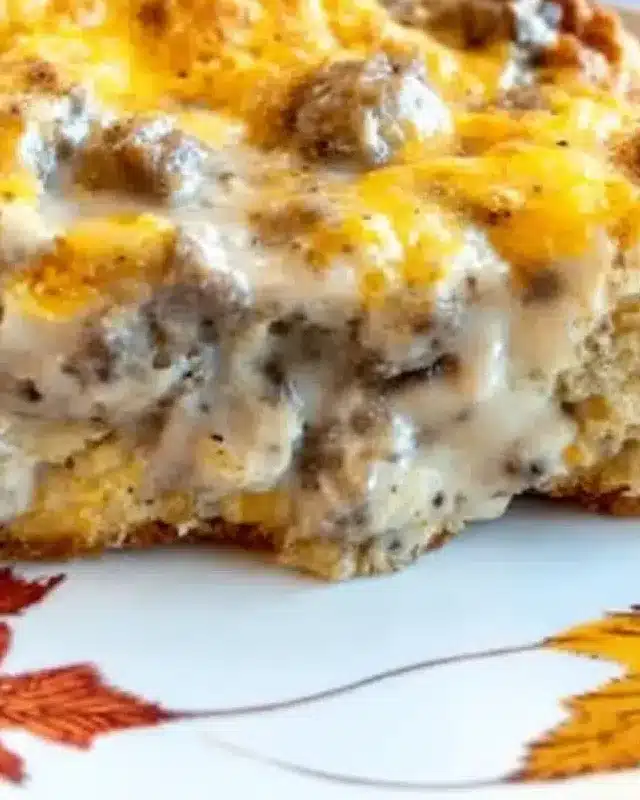 Plated slice of biscuits and gravy breakfast casserole with sausage and creamy gravy