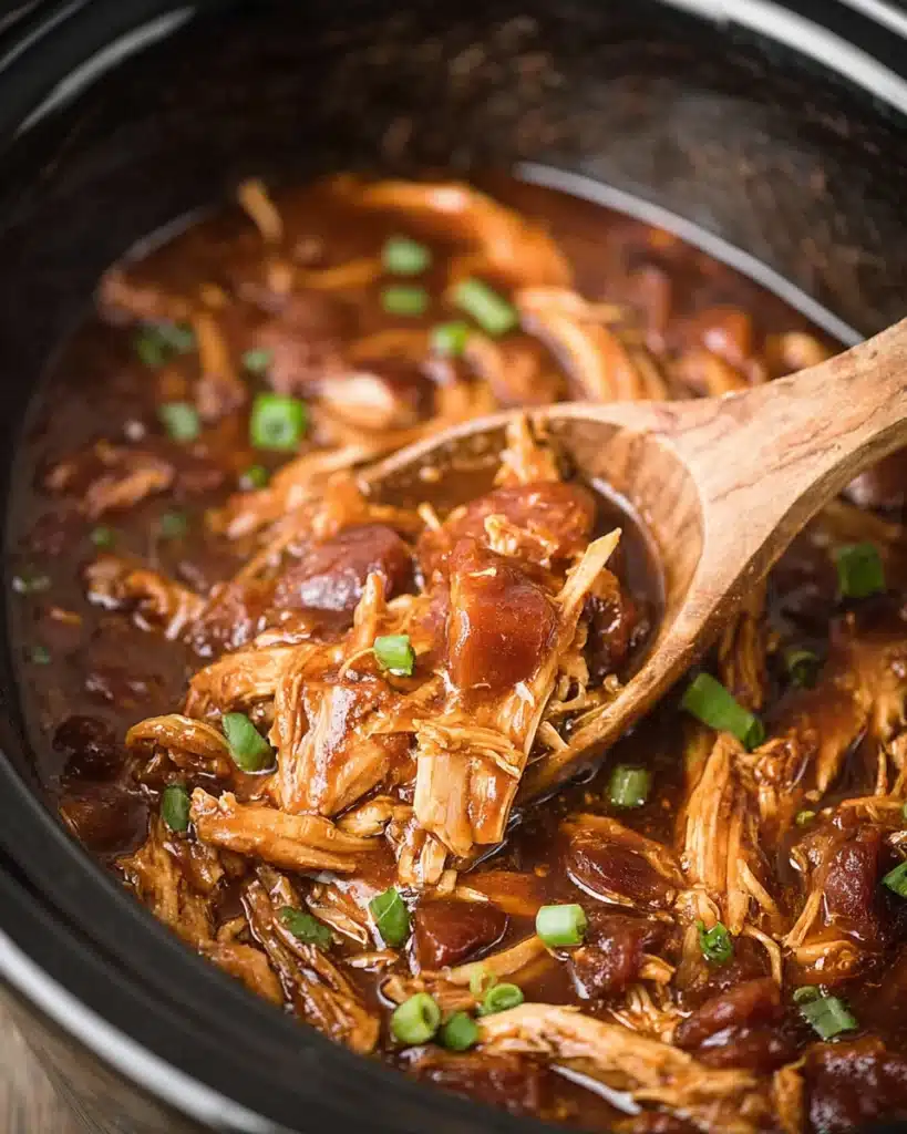 Shredded bourbon chicken in crock pot with wooden spoon and sauce