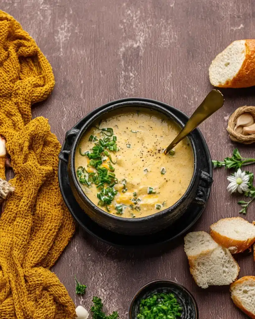 Hearty Cheddar Garlic Herb Potato Soup – Cozy and Flavorful 10 Bowl of cheddar garlic herb potato soup with bread and spoon