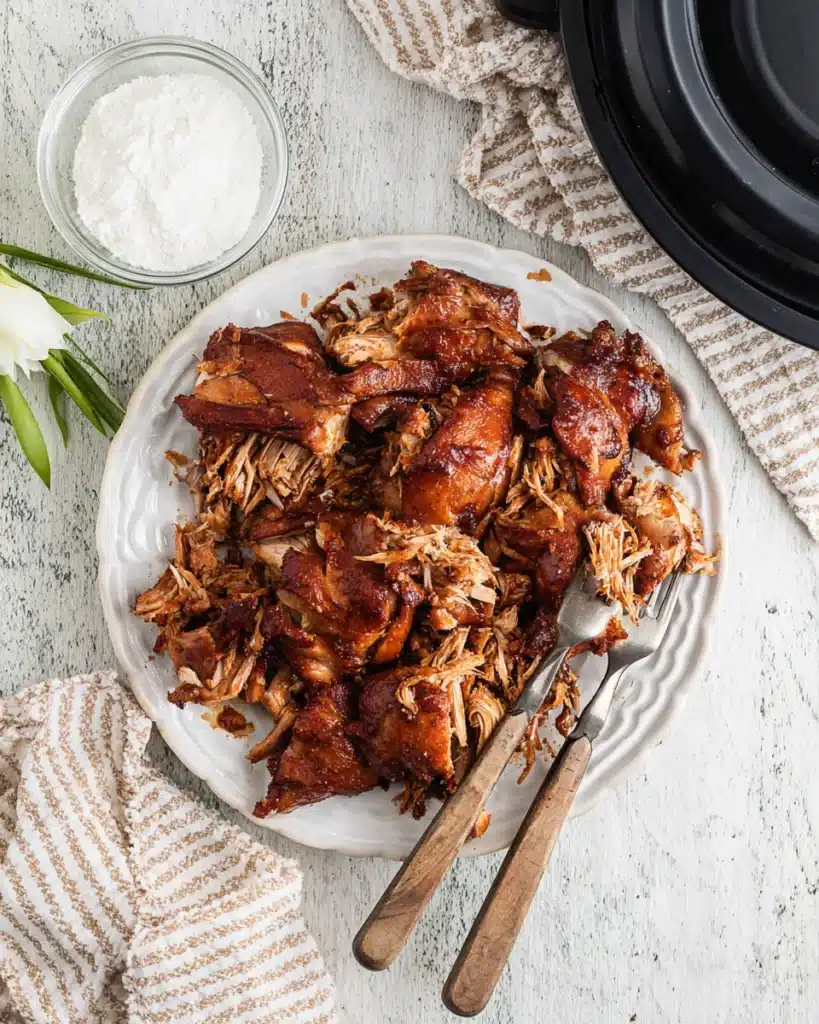 Cooked chicken thighs on plate being shredded for bourbon chicken recipe