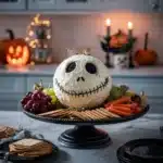 Skellington Cheese Ball Recipe | A Spooky Halloween Appetizer 14 Skellington cheese ball Halloween appetizer with crackers and grapes on a platter