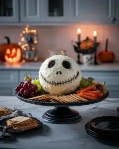 Skellington cheese ball Halloween appetizer with crackers and grapes on a platter