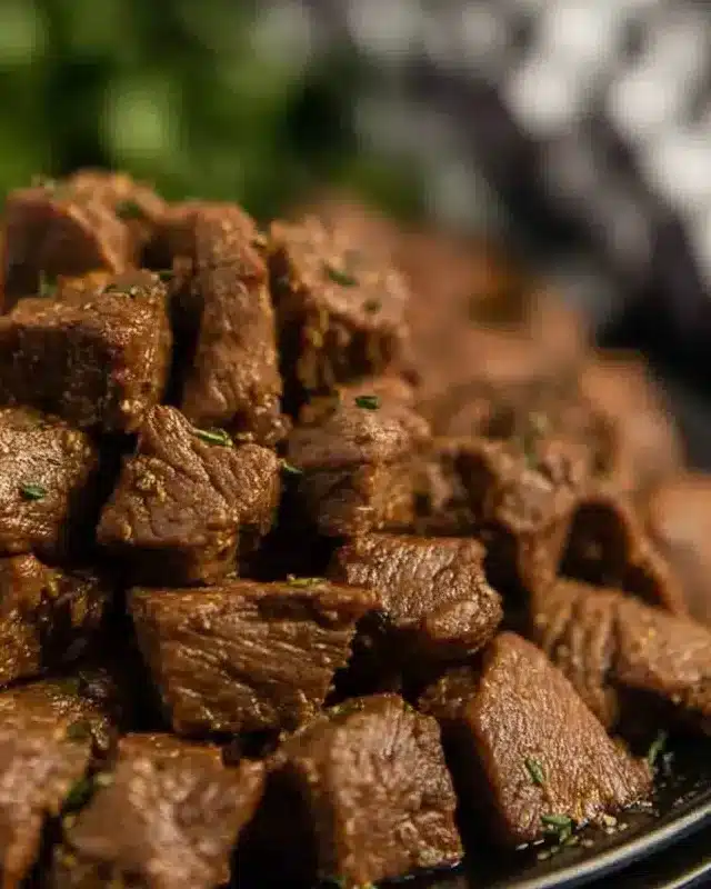 Tender cubed steak bites on a dark plate with herbs and slow cooker in background

