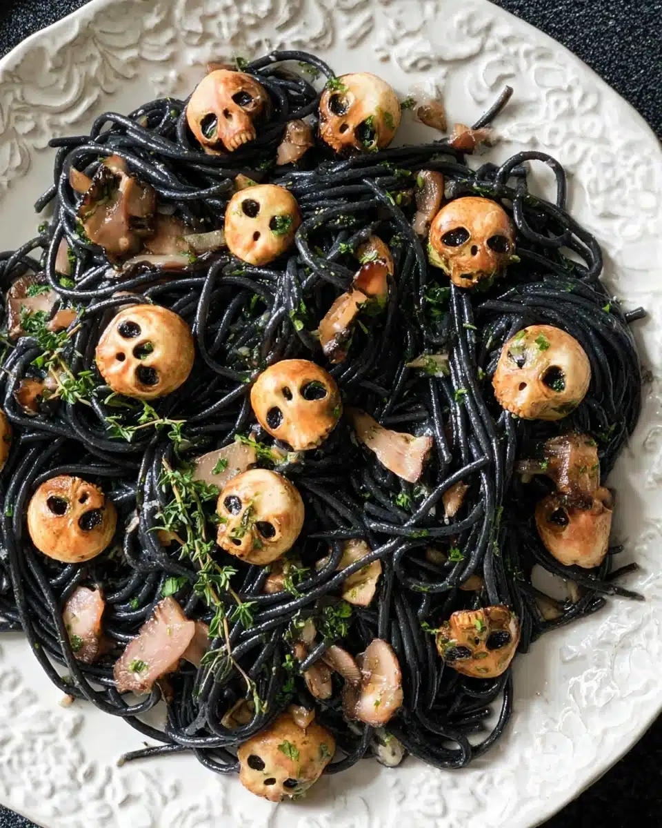 Spooky pasta with squid ink spaghetti and carved mushroom skulls for Halloween dinner