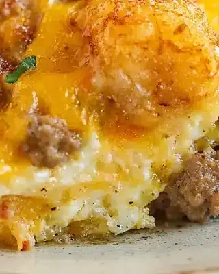Tater Tot Sausage Breakfast Casserole (Hearty, Cheesy, and Crowd-Pleasing) 8 A slice of Tater Tot Sausage Breakfast Casserole with crispy tots, melted cheese, and sausage on a white plate.