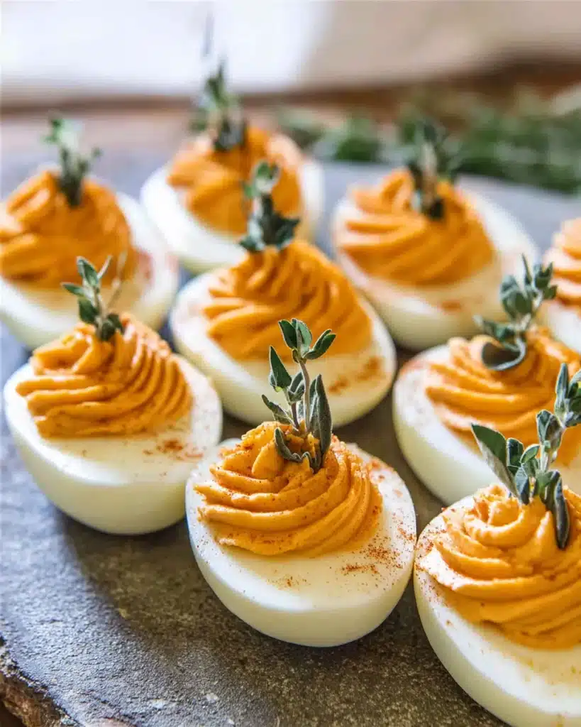 Thanksgiving deviled eggs with orange filling and fresh herbs on rustic platter