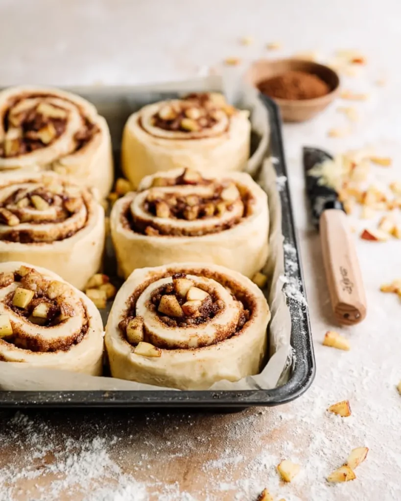 Apple Cinnamon Rolls Recipe | Soft, Gooey, and Perfect for Thanksgiving 9 Unbaked apple cinnamon rolls in a tray with apple filling and cinnamon sugar