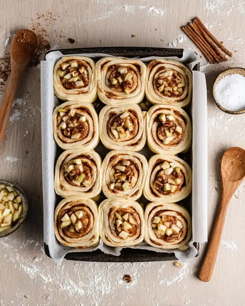 Tray of unbaked apple cinnamon rolls with spiced filling, apples, and pecans
