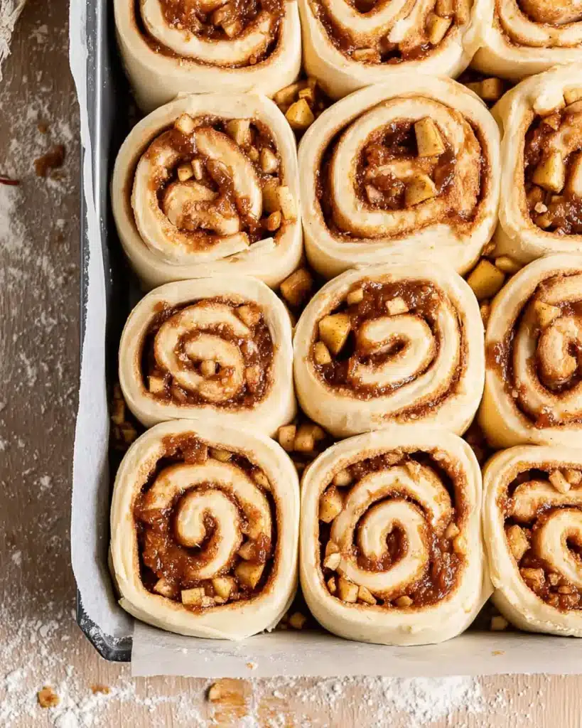 Apple Cinnamon Rolls Recipe | Soft, Gooey, and Perfect for Thanksgiving 10 Tray of unbaked apple cinnamon rolls with apple filling and cinnamon sugar