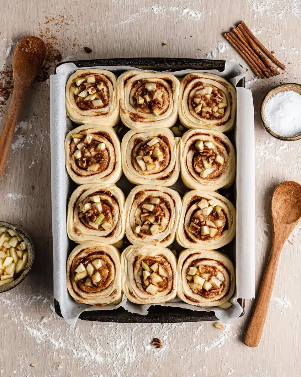 Apple Cinnamon Rolls Recipe | Soft, Gooey, and Perfect for Thanksgiving 4 Tray of unbaked apple cinnamon rolls with spiced filling, apples, and pecans