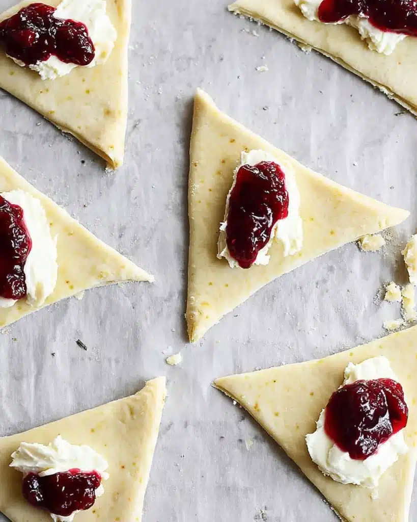 Cranberry Cream Cheese Crescent Bites – Festive and Easy Recipe 11 Unbaked cranberry cream cheese crescent bites on parchment paper