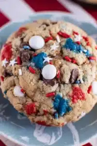 Soft 4th of July cookies with red white and blue candies and sprinkles